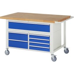 RAU mobile Werkbank Serie 8000, 1 Dreifach-Container, HxBxT 920 x 1.500 x 900 mm, 7 x 100%-Auszug-Schubladen