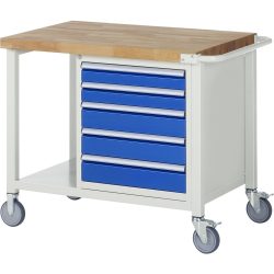RAU mobile Werkbank Serie 8000, HxBxT 880 x 1.000 x 700 mm, 1 Container, 5 x 90%-Auszug-Schubladen, Breite 490 mm