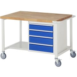 RAU mobile Werkbank Serie 8000, 1 Container, HxBxT 880-1.080 x 1.250 x 900 mm, 4 x 90%-Auszug-Schubladen, Breite 490 mm