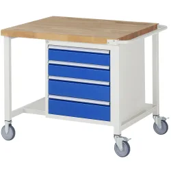 RAU mobile Werkbank Serie 8000, 1 Ablageboden, HxBxT 880-1.080 x 1.000 x 900 mm, 4 x 100%-Auszug-Schubladen, Breite 490 mm