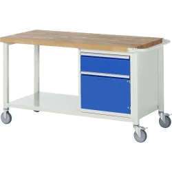 RAU mobile Werkbank Serie 8000, HxBxT 880 x 1.500 x 700 mm, 1 Container, 1 Ablageboden, 1 Flügeltür, 1 x 100%-Auszug-Schublade, ErgoScript