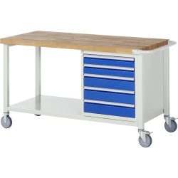 RAU mobile Werkbank Serie 8000, 1 Ablageboden, HxBxT 880-1.080 x 1.500 x 700 mm, 5 x 100%-Auszug-Schubladen, Breite 490 mm