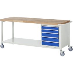 RAU mobile Werkbank Serie 8000, HxBxT 880 x 2.000 x 700 mm, 1 Container, 5 x 90%-Auszug-Schubladen, Breite 490 mm