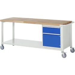 RAU mobile Werkbank Serie 8000, HxBxT 880-1.080 x 2.000 x 700 mm, 1 Container, 1 Flügeltür, 1 x 90%-Auszug-Schublade
