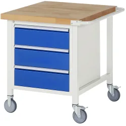 RAU mobile Werkbank Serie 8000, 1 Container, HxBxT 880 x 750 x 900 mm, 3 x 90%-Auszug-Schubladen, Breite 490 mm