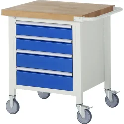 RAU mobile Werkbank Serie 8000, 1 Container, HxBxT 880-1.080 x 750 x 700 mm, 4 x 100%-Auszug-Schubladen, Breite 490 mm