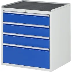 RAU Schubladenschrank Serie 7000, HxBxT 825 x 770 x 650 mm, 4 x 100%-Auszug-Schubladen 3 x 150, 1 x 270 mm, Arbeitsplatte Metall