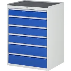 RAU Schubladenschrank Serie 7000, HxBxT 1.035 x 770 x 650 mm, 6 x 90%-Auszug-Schubladen 1 x 120, 3 x 150, 2 x 180 mm, Arbeitsplatte Metall