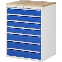 RAU Schubladenschrank Serie 7000, HxBxT 1.035 x 770 x 650 mm, 7 x 90%-Auszug-Schubladen 4 x 120, 3 x 150 mm, Arbeitsplatte Buche