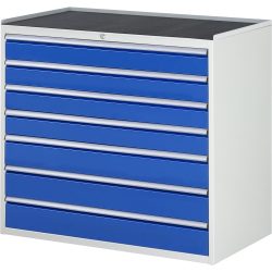 RAU Schubladenschrank Serie 7000, HxBxT 1.035 x 1.145 x 650 mm, 7 x 100%-Auszug-Schubladen 4 x 120, 3 x 150 mm, Arbeitsplatte Metall