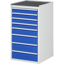 RAU Schubladenschrank Serie 7000, HxBxT 1.035 x 580 x 650 mm, 8 x 100%-Auszug-Schubladen 4 x 90, 1 x 120, 3 x 150 mm, Arbeitsplatte Metall