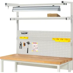 RAU Werkbank-Aufbau, HxBxT 1.380 x 1.500 x 350 mm, mit 1 Etagenboard, 1 Halteschiene, 1 Auslegerpaar und 1 Leuchte, Komplettset 04 für Produktbreite 1.500 mm