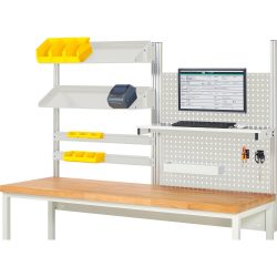RAU Werkbank-Aufbau, HxBxT 1.130 x 2.000 x 350 mm, mit 1 Etagenboard, 2 Halteschienen, 2 neigbare Metallablagen und 1 Flachbildschirmhalter, Komplettset 05 für Produktbreite 2.000 mm