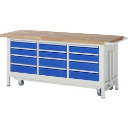 RAU Werkbank Serie 8000 mit absenkbarem Fahrgestell, 1 Dreifach-Container, HxBxT 880 x 2.000 x 700 mm, 12 x 100%-Auszug-Schubladen