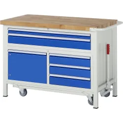 RAU Werkbank Serie 8000 mit absenkbarem Fahrgestell, 1 Dreifach-Container, HxBxT 920 x 1.250 x 700 mm, 5 x 90%-Auszug-Schubladen, 1 Flügeltür