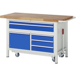 RAU Werkbank Serie 8000 mit absenkbarem Fahrgestell, 1 Dreifach-Container, HxBxT 920 x 1.500 x 700 mm, 5 x 100%-Auszug-Schubladen, 1 Flügeltür