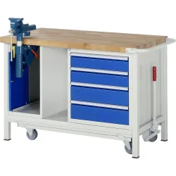 RAU Werkbank Serie 8000 mit absenkbarem Fahrgestell, 2 Container, 1 Ablageboden, HxBxT 880 x 1.250 x 700 mm, 4 x 90% Auszugs-Schubladen, Schraubstock