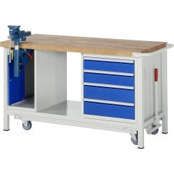 RAU Werkbank Serie 8000 mit absenkbarem Fahrgestell, 2 Container, 1 Ablageboden, HxBxT 880 x 1.500 x 700 mm, 4 x 100% Auszugs-Schubladen, Schraubstock