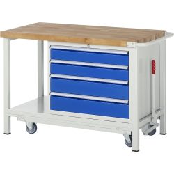 RAU Werkbank Serie 8000 mit absenkbarem Fahrgestell, 1 Container, 1 Ablageboden, HxBxT 880 x 1.250 x 700 mm, 4 x 100%-Auszug-Schubladen, Breite 680 mm