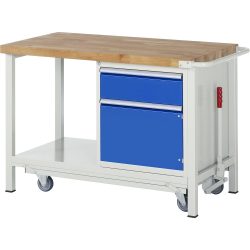 RAU Werkbank Serie 8000 mit absenkbarem Fahrgestell, 1 Container, 1 Ablageboden, HxBxT 880 x 1.250 x 700 mm, 1 x 100%-Auszug-Schubladen, 1 Flügeltür, ErgoScript