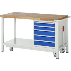 RAU Werkbank Serie 8000 mit absenkbarem Fahrgestell, 1 Container, 1 Ablageboden, HxBxT 880 x 1.500 x 700 mm, 5 x 100%-Auszug-Schubladen, Breite 490 mm
