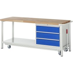 RAU Werkbank Serie 8000 mit absenkbarem Fahrgestell, 1 Container, 1 Ablageboden, HxBxT 880 x 2.000 x 700 mm, 3 x 100%-Auszug-Schubladen, Breite 680 mm, ErgoScript
