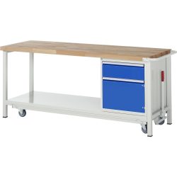 RAU Werkbank Serie 8000 mit absenkbarem Fahrgestell, 1 Container, 1 Ablageboden, HxBxT 880 x 2.000 x 700 mm, 1 x 100%-Auszug-Schubladen, 1 Flügeltür, ErgoScript