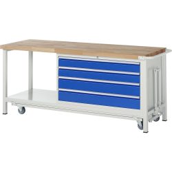 RAU Werkbank Serie 8000 mit absenkbarem Fahrgestell, 1 Container, 1 Ablageboden, HxBxT 880 x 2.000 x 700 mm, 4 x 90%-Auszug-Schubladen, Breite 1.055 mm