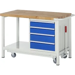 RAU Werkbank Serie 8000 mit absenkbarem Fahrgestell, 1 Container, 1 Ablageboden, HxBxT 880 x 1.250 x 700 mm, 4 x 100%-Auszug-Schubladen, Breite 490 mm