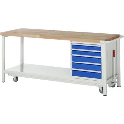 RAU Werkbank Serie 8000 mit absenkbarem Fahrgestell, 1 Container, 1 Ablageboden, HxBxT 880 x 2.000 x 700 mm, 5 x 100%-Auszug-Schubladen, Breite 490 mm