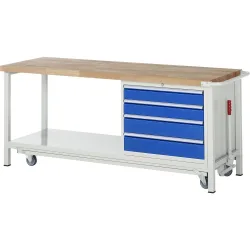 RAU Werkbank Serie 8000 mit absenkbarem Fahrgestell, 1 Container, 1 Ablageboden, HxBxT 880 x 2.000 x 700 mm, 4 x 90%-Auszug-Schubladen, Breite 680 mm