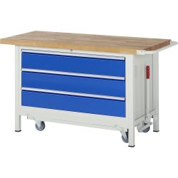 RAU Werkbank Serie 8000 mit absenkbarem Fahrgestell, 1 Container, HxBxT 880 x 1.500 x 700 mm, 3 x 100%-Auszug-Schubladen, Breite 1.055 mm, ErgoScript