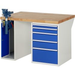 RAU Werkbank Serie 7000, 2 Container, Schraubstock, HxBxT 890 x 1.250 x 900 mm, 5 x 100%-Auszug-Schubladen