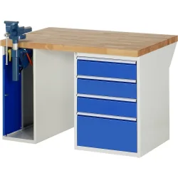 RAU Werkbank Serie 7000, 2 Container, SchraubstockHxBxT 890 x 1.250 x 900 mm, 4 x 90%-Auszug-Schubladen, Schubladen-TK 100 kg