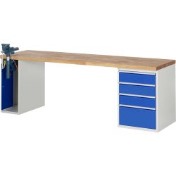RAU Werkbank Serie 7000, 2 Container, SchraubstockHxBxT 890 x 2.500 x 700 mm, 4 x 100%-Auszug-Schubladen, Schubladen-TK 100 kg