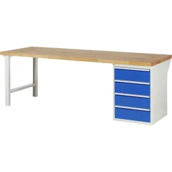RAU Werkbank Serie 7000, 1 Container, HxBxT 840 x 2.500 x 900 mm, 4 x 100%-Auszug-Schubladen 4 x 180 mm, Schubladen-TK 100 kg