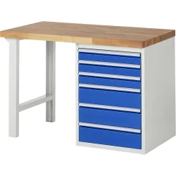 RAU Werkbank Serie 7000, 1 Container, HxBxT 890 x 1.250 x 700 mm, 6 x 90%-Auszug-Schubladen 3 x 90, 3 x 150 mm, Schubladen-TK 100 kg