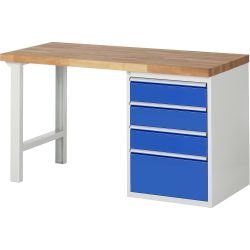 RAU Werkbank Serie 7000, 1 Container, HxBxT 840 x 1.500 x 700 mm, 4 x 100%-Auszug-Schubladen 3 x 150, 1 x 270 mm, Schubladen-TK 100 kg