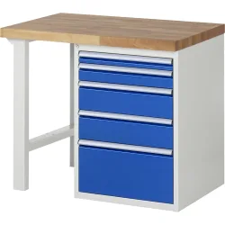 RAU Werkbank Serie 7000, 1 Container, HxBxT 840 x 1.000 x 700 mm, 5 x 100%-Auszug-Schubladen 1 x 60, 1 x 90, 2 x 150, 1 x 270 mm, Schubladen-TK 100 kg