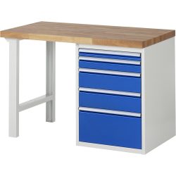 RAU Werkbank Serie 7000, 1 Container, HxBxT 840 x 1.250 x 700 mm, 5 x 100%-Auszug-Schubladen 1 x 60, 1 x 90, 2 x 150, 1 x 270 mm, Schubladen-TK 100 kg