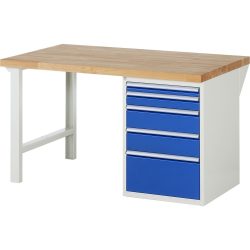 RAU Werkbank Serie 7000, 1 Container, HxBxT 840 x 1.500 x 900 mm, 5 x 90%-Auszug-Schubladen 1 x 60, 1 x 90, 2 x 150, 1 x 270 mm, Schubladen-TK 100 kg
