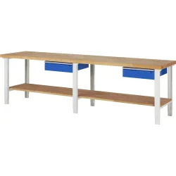 RAU Werkbank Serie 7000, HxBxT 790-1.140 x 3.000 x 700 mm, 1 Ablageboden, 2 Schubladen, ErgoScript