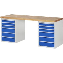 RAU Werkbank Serie 7000, 2 Container, HxBxT 840 x 2.000 x 700 mm, 12 x 90%-Auszug-Schubladen 6 x 90 mm, 6 x 150 mm