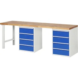 RAU Werkbank Serie 7000, 2 Container, HxBxT 890 x 2.500 x 700 mm, 8 x 90%-Auszug-Schubladen 8 x 180 mm