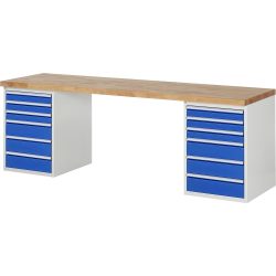 RAU Werkbank Serie 7000, 2 Container, HxBxT 890 x 2.500 x 700 mm, 12 x 90%-Auszug-Schubladen 6 x 90 mm, 6 x 150 mm