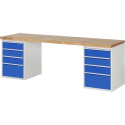 RAU Werkbank Serie 7000, 2 Container, HxBxT 840 x 2.500 x 700 mm, 8 x 100%-Auszug-Schubladen 6 x 150 mm, 2 x 270 mm, Schubladen-TK 100 kg