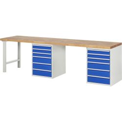 RAU Werkbank Serie 7000, 2 Container, HxBxT 890 x 3.000 x 700 mm, 12 x 90%-Auszug-Schubladen 6 x 90 mm, 6 x 150 mm