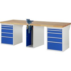 RAU Werkbank Serie 7000, 3 Container, HxBxT 890 x 2.500 x 900 mm, 10 x 100%-Auszug-Schubladen, Schraubstock