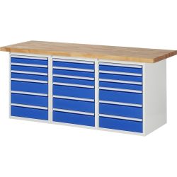 RAU Werkbank Serie 7000, 3 Container, HxBxT 840 x 2.000 x 700 mm, 18 x 90%-Auszug-Schubladen