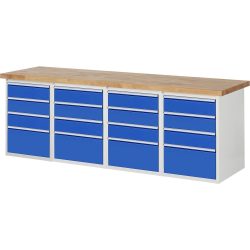 RAU Werkbank Serie 7000, 4 Container, HxBxT 840 x 2.500 x 700 mm, 16 x 100%-Auszug-Schubladen